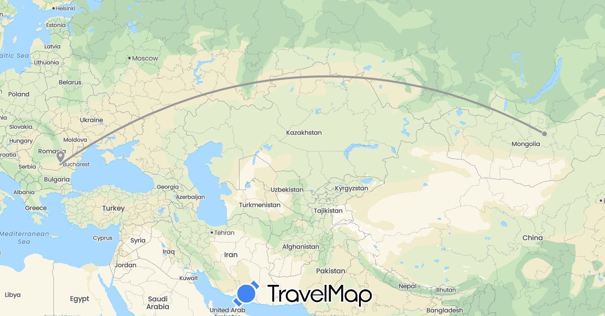 TravelMap itinerary: driving, plane in Mongolia, Romania (Asia, Europe)